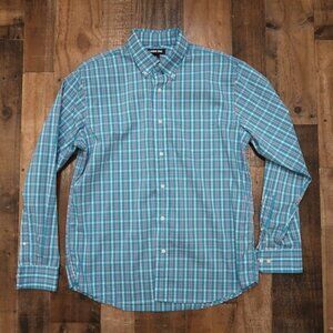 Lands' End Mens Medium 15 15 1/2 Traditional Fit Teal Blue & Red Plaid Button Up